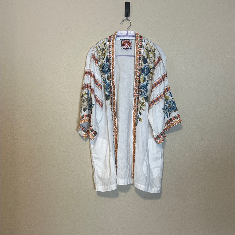 Johnny Was White Linen Kimono Cardigan with Blue Floral Embroidery and Rust Trim